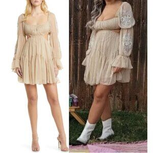ASOS DESIGN Embellished Waist Cutout Long Sleeve Dress in Stone Size US 0